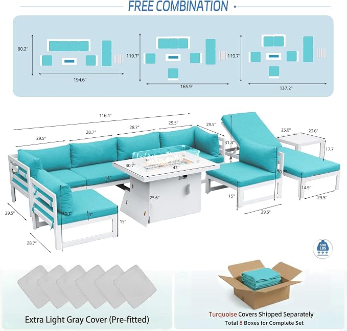 NICESOUL Modern Aluminum Patio Furniture Set, 9 Piece Modular Oversized Outdoor Sectional Sofa with Chaise Lounge, 500 lbs Heavy Duty Comfortable Conversation Set for Poolside Garden Deck, Turquoise