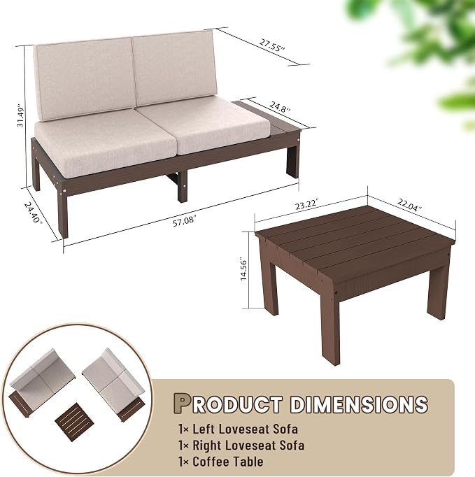 Domi HDPE Outdoor Patio Sofa Set, 3-Piece Modern Conversation Set with Left & Right Sofas, Cushioned Sectional Seating and Coffee Table for Backyard, Porch, Deck & Garden,Brown
