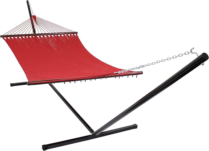 Sunnydaze Polyester Rope Double Hammock with 15-Foot Steel Stand - 400-Pound Capacity - Red