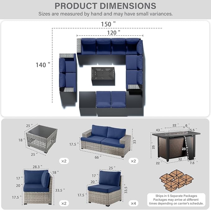 13 Piece Patio Furniture Set with 43" Propane Fire Pit Table, 10-Seater Modular Wicker Sectional Sofa with Swivel Rocker Patio Chairs for Deck Backyard or Outdoor Gatherings
