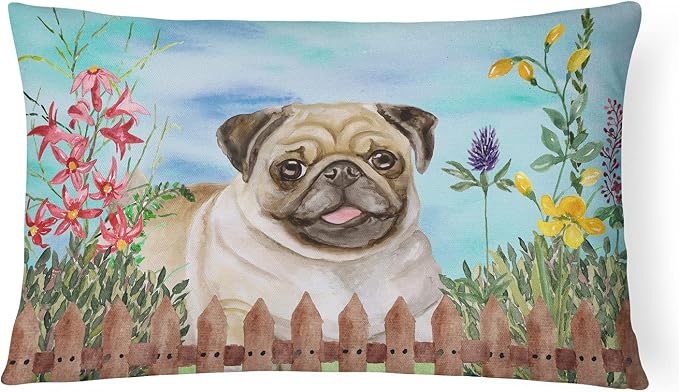 Caroline's Treasures CK1280PW1216 Fawn Pug Spring Canvas Fabric Decorative Pillow Machine Washable, Indoor Outdoor Decorative Pillow for Couch, Bed or Patio, 12HX16W