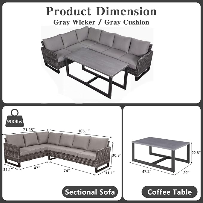Belord Outdoor Sectional Sofa 6 Seater L Shaped Couch Wicker Patio Conversation Furniture Set with Tree-Grain Finish Metal Dining Table, Rattan Outdoor Furniture with Removable Washable Cushion Blue