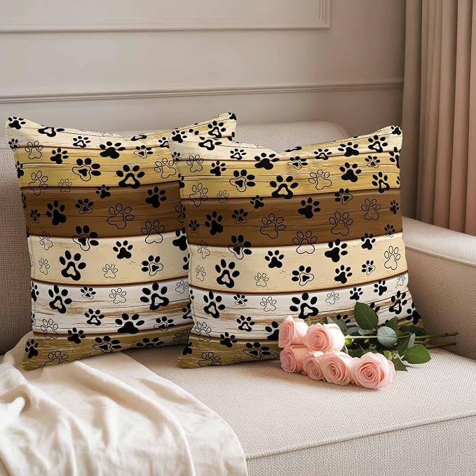 Outdoor Pillow Covers,Dog Paw Print Decorative Throw Pillow Cover Waterproof Pillowcase Set of 2,Linen Cushion Case for Sofa Couch Bed 24x24 Inch,Farm Vintage Brown Wood Board