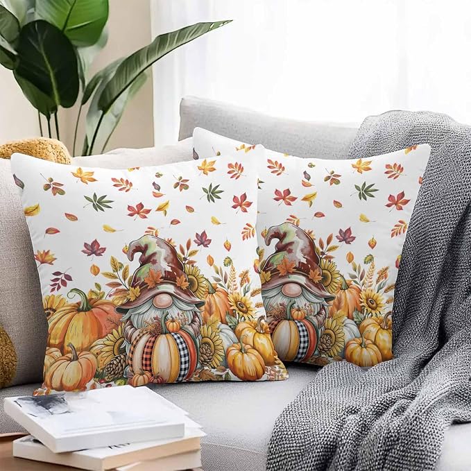 Fall Gnomes Outdoor Waterproof Pillow Covers, Thanksgiving Pumpkins Leaf Sunflowers Farm Decorative Square Throw Pillowcase Sofa Cushion Sham for Patio/Couch/Chair, 16"x16" 2 Pack