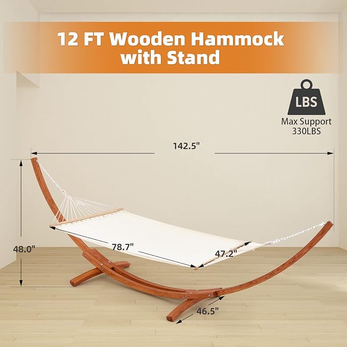 ECOTOUGE 12 FT Wooden Hammock with Stand, Outdoor Hammock with Wood Stand for Single Person Heavy Duty Hammock and Stand for Outside Backyard, Balcony, Porch, Patio, Garden, 330 lbs Capacity, White