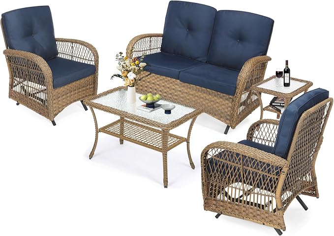 MEETWARM 5 Pieces Outdoor Wicker Patio Conversation Sets with Glider Loveseat, 2 Chairs with 2 Glass-Top Coffee Table Wicker Rocking Glider Set, Wicker Conversation Set w/Thickened Cushions, Navy Blue