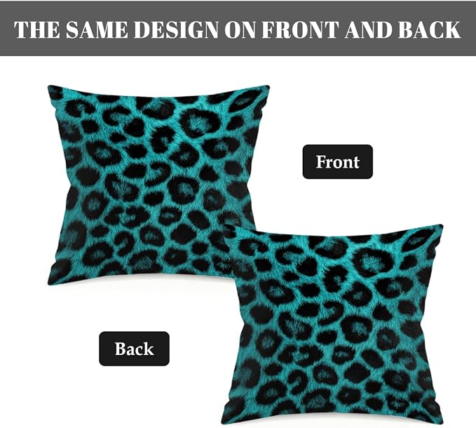16x16 Inch Outdoor Pillow Covers Set of 2 Waterproof Throw Pillow Covers Decorative Couch Cushion Covers Leopard Skin Turquoise Square Pillowcases Protectors for Patio Garden Sofa