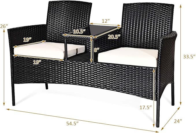 COSTWAY 2-Seat Patio Conversation Sets, Outdoor Patio Loveseat Set with Removable Cushions & Built-in Coffee Table for Backyard, Garden, Lawn, Balcony, Black+Beige