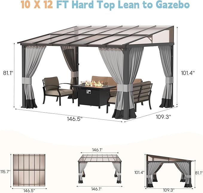 10' x 12' Lean to Gazebo,Large Wall Mount Heavy Duty Gazebos Pavilion,Outdoor Hardtop Pergola Shelter with Curtains and Netting,Sunshade for Patio Garden Lawn Backyard Deck,Grey