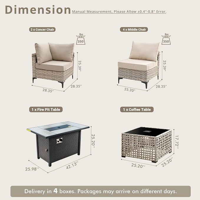 8 Pieces Patio Sectional Furniture Set, Outdoor Wicker Sectional Couch with Firepit Solar Lights Table, Modern Conversation Set for Porch Balcony Backyard, Beige