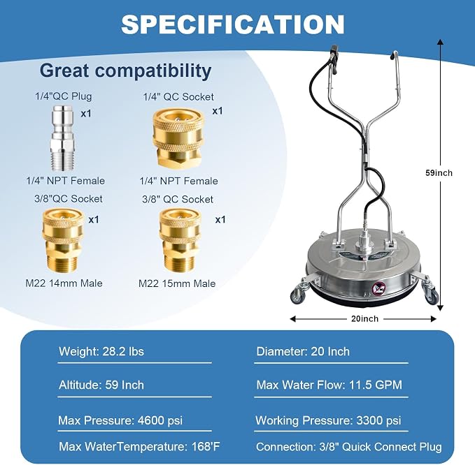 20" Pressure Washer Surface Cleaner with 4 Wheels, Stainless Steel Dual Handle Surface Cleaner for Pressure Washer 4600 PSI Attachment for Concrete, Deck, Driveways, Patios, Sidewalks