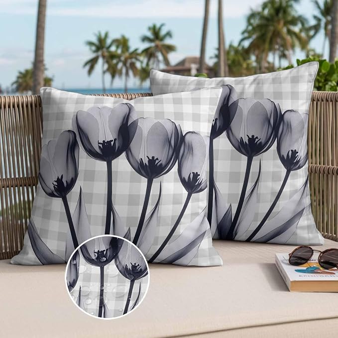 Grey Tulip Waterproof Outdoor Pillow Covers Set of 2 Home Decor, Farmhouse Elegant Flowers Checkered Pillowcase Patio Pillow Covers for Couch Bench Furniture Garden 18x18in