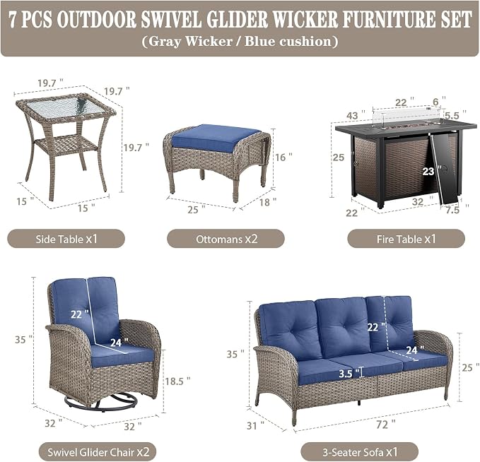 Belord 8 Piece Patio Furniture Set with 43" Fire Pit Table - Wicker Patio Conversation Set with Swivel Rocker Chairs and Sofa for Deck Outside Backyard Gray