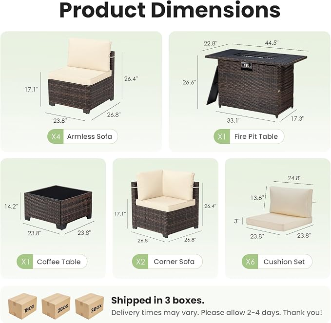 Soohow 8 Piece Patio Furniture Set with 44" Fire Pit Table, Outdoor Sectional Wicker Rattan Conversation Set for Garden, Porch, Backyard - Beige Cushions