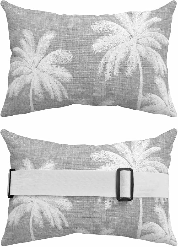 Pack of 2 Outdoor Lumbar Pillow Covers 12x20 Inch, Grey Palm Trees Waterproof Throw Pillow Covers Set, Farmhouse Tropical Summer Beach Indoor&Outdoor Decorative Cushion Cases for Patio Porch Car