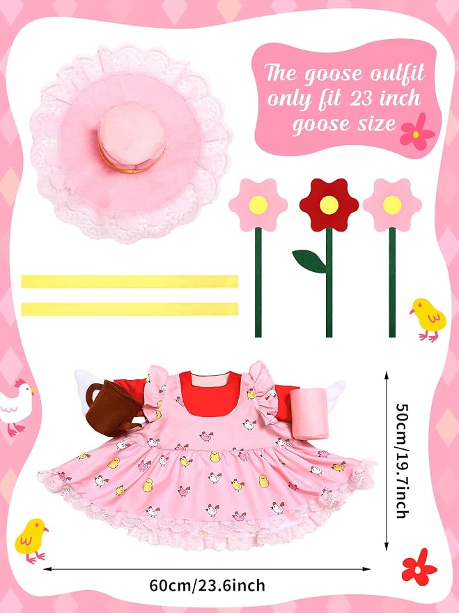 Outus Gardener Goose Outfits Set Includes Lace Pink Apron Sun Hat Small Flower Pot and a Tiny Watering Can Funny Goose Porch Clothing for Spring Outdoor Garden Yard Patio Lawn Statue
