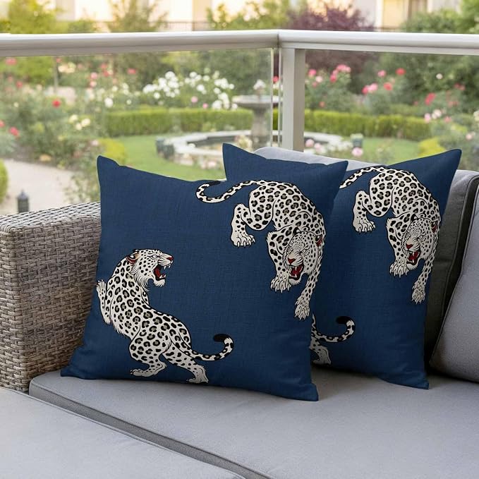 Vandarllin Outdoor Throw Pillows Covers 26x26 inch Set of 2 Waterproof Blue Leopard Decorative Zippered Cushion Covers for Patio Furniture, Bohemian Animal Print Lumbar Pillowcases