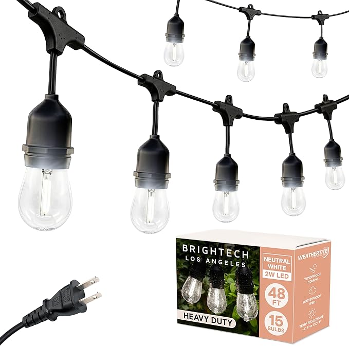 Brightech Ambience Pro - Waterproof LED Outdoor String Lights - Hanging, Dimmable 2W Vintage Edison Bulbs - 48 Ft Commercial Grade Patio Lights Create Cafe Ambience in Your Backyard