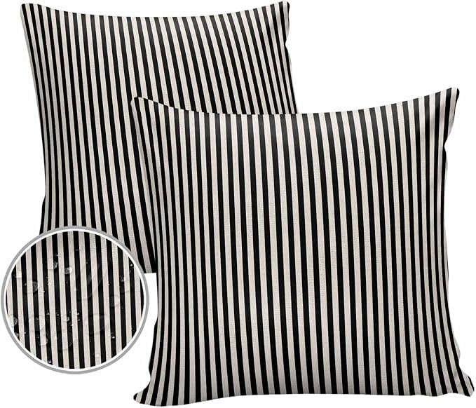 Outdoor Waterproof Throw Pillow Covers Set of 2 Black Stripes Pillowcases 16x16 Inches Linen Classic Vertical Striped Patio Decorative Pillows Cushion Case Patio Pillows for Couch Bed Chair Garden