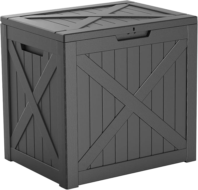 PatioZen 32 Gallon Deck Box,Resin Outdoor Storage Box with Lockable for Patio Furniture, Pool Accessories, Garden Tools, Waterproof Outside Storage Box, Black