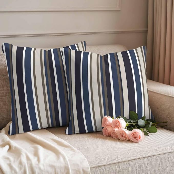 Outdoor Waterproof Throw Pillow Covers Set of 2 Blue Striped Pillowcases 18x18 Inches Geometric Beige Stripes Decorative Pillows Cushion Case Patio Pillows for Couch Bed Chair Garden