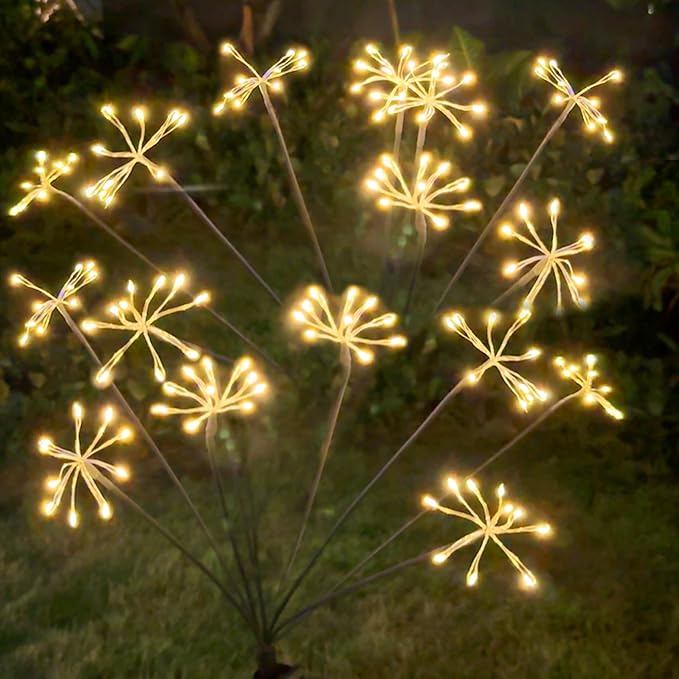 JJGoo Solar Garden Lights, New Upgraded 2 Pack Solar Swaying Starburst Light, Waterproof Fireworks Outdoor Lights, Yard Patio Pathway Decoration, Warm White