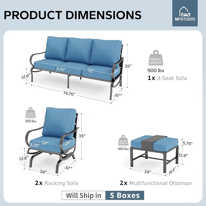 MFSTUDIO 5 Pieces Patio Conversation Sets,Outdoor Metal Furniture Sofas with 1 x 3-Seat Sofa, 2 x Rocking Chairs,2 x Ottoman,Wrought Iron Frame with Navy Cushion for Patio Courtyard Balcony
