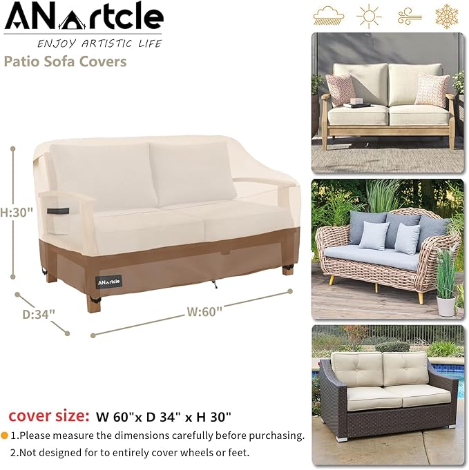 ANartcle 2-Seater Patio Loveseat Cover,60W x 34D x 30H Inches Outdoor Couch Cover,100% Waterproof Heavy Duty Outdoor Sofa Covers,Patio Furniture Covers,Beige&Brown