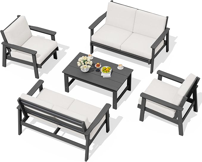 SERWALL HDPE Patio Furniture Set, 5 Piece All Weather Wood-Like Sectional Outdoor Furniture Set, Grey Patio Sofa Couch with Khaki Cushions for Deck, Lawn