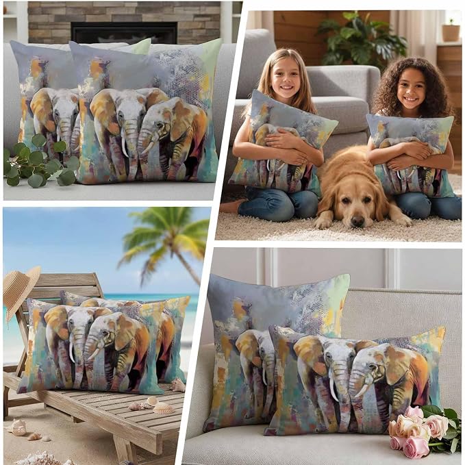 Elephants Outdoor Pillow Covers 18"x18" Set of 2, Animal Abstract Splatters Bohemian Waterproof Throw Pillow Covers for Patio Furniture, Decorative Cushion Covers for Porch