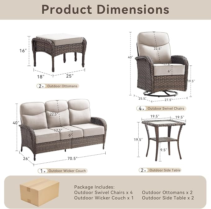 Luxury Outdoor Patio Furniture Set with 6-Inch Thick Cushions, 9 Pieces Wicker Outdoor Furniture with High Back Swivel Patio Chairs Set of 4, Outdoor Patio Conversation Set for Deck Garden, Beige