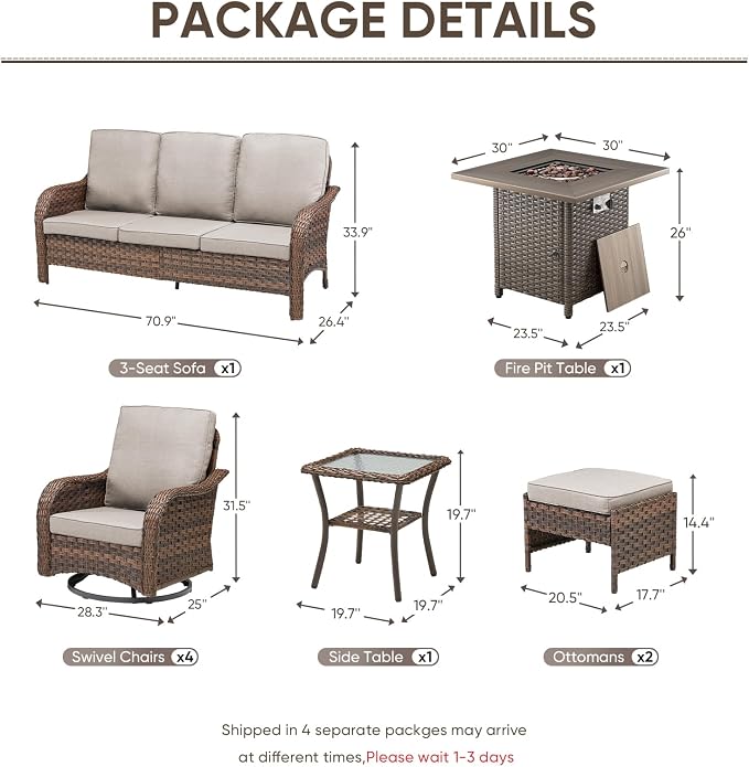 Patio Furniture Set - 9 Pieces All Weather Wicker Outdoor Furniture with 4 Swivel Chairs, 2 Ottomans, 1 Sofa, 1 Side Table and Fire Pit Table, Ergonomic Design for Porch, Deck, and Backyard(Beige)
