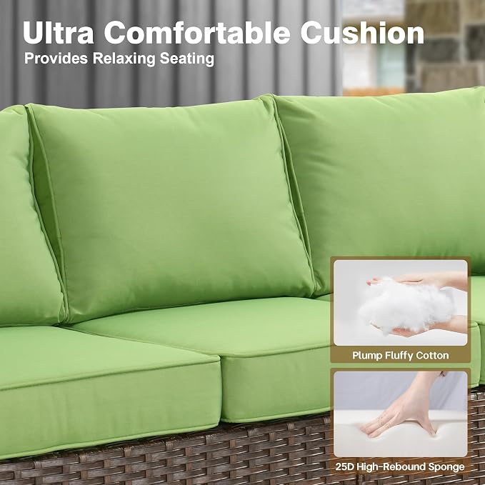 ovios 5 Pieces Patio Furniture Set, Outdoor Wicker Sofa Couch with Chairs Comfy Cushions, All Weather Brown Rattan Conversation Set for Backyard Deck Porch, Green