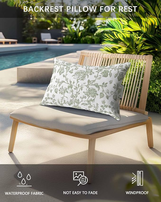 Pack of 2 Outdoor Lumbar Pillow Covers 11x16 Inch, Green Leaf Flower Waterproof Throw Pillow Covers Set, Vintage Farmhouse Bohemian Spring Indoor&Outdoor Decorative Cushion Cases for Patio Porch Beach