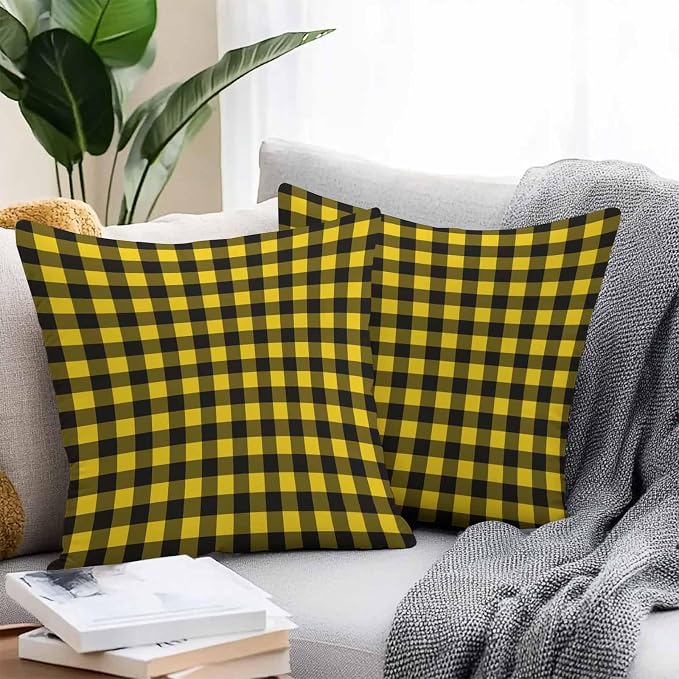 Outdoor Waterproof Throw Pillow Covers Set of 2 Yellow Buffalo Plaid Pillowcases 16x16 Inches Pastoral Black Checked Decorative Pillows Cushion Case Patio Pillows for Couch Bed Chair Garden