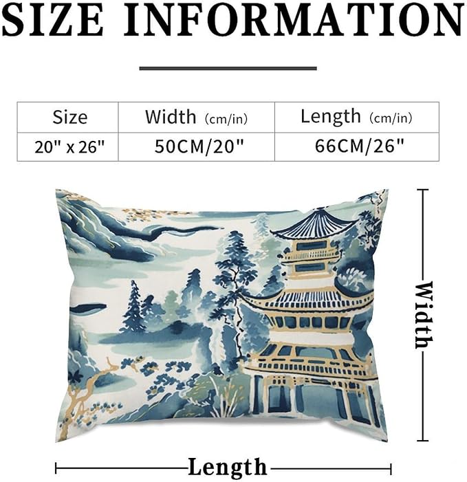 Lumbar Support Pillow Case Blue and White Chinoiserie Pagoda Asian Pillow Case Abstract Ming Rain Chinoiserie Pillow Cover Accent Decorative Cushion Cases Home Decor for Home Sofa 20x26in