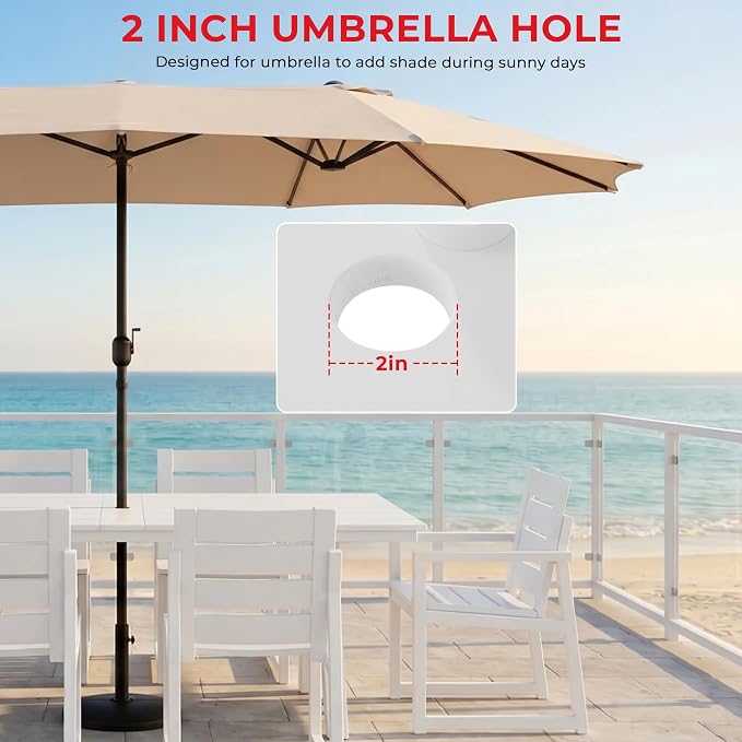 Costaelm Stinson 7-Piece Outdoor HDPE Patio Dining Table Set with Umbrella Hole & Dining Chairs for 6, White
