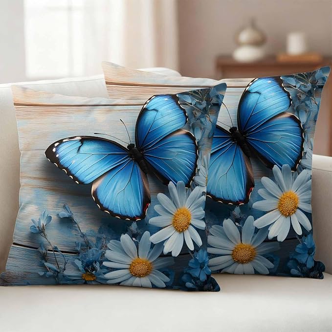 Spring Idyllic Outdoor Waterproof Throw Pillow Covers Set of 2, 20"x20", Daisy Blue Butterfly Wood Grain Decorative Pillow Covers Outside Cushion Case for Patio Porch Garden