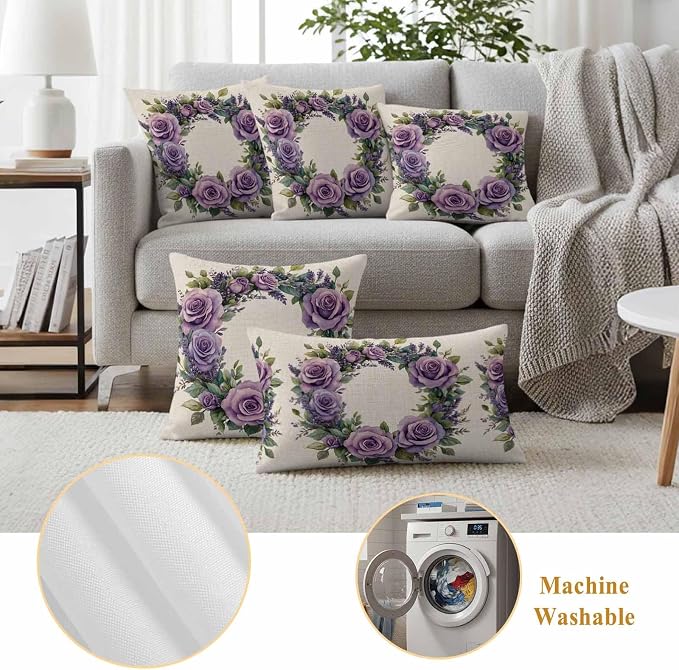 Spring Flower Outdoor Waterproof Throw Pillow Covers Set of 2, 16"x16", Purple Rose Wreath Blooming Floral Retro Decorative Pillow Covers Outside Cushion Case for Patio Porch Garden