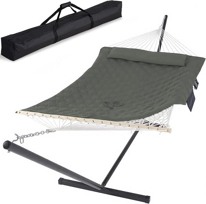 SUNCREAT Patio Portable Hammock with Stand, Carrying Bag, Outdoor Double Hammock with Stand Included, Gray Green Drops