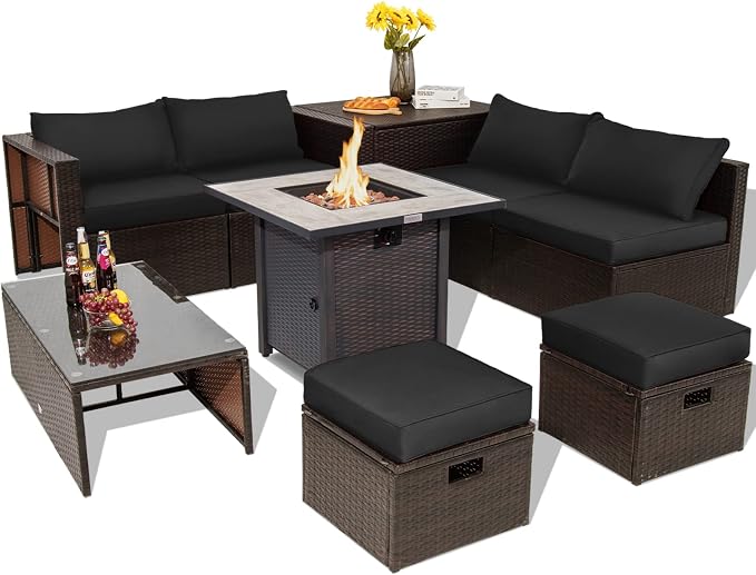 COSTWAY 9 Piece Patio Furniture Set with 30'' Fire Pit Table, Outdoor Wicker Rattan Sectional Sofa Set with 4'' Thickened Cushions, 2 Coffee Tables and 2 Ottomans for Poolside Backyard (Black)