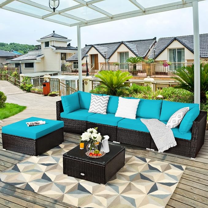 COSTWAY 6-Piece Outdoor Patio Furniture Set, Rattan Sectional Sofa Set with Tempered Glass Coffee Table, Cushions and Ottoman for Garden, Deck, Backyard (Turquoise)