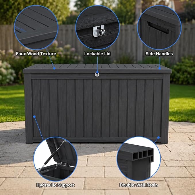 180 Gallon Large Outdoor Storage XXL Deck Box for Patio Furniture, Outdoor Cushions, Garden Tools and Sports/Pools Equipment, Waterproof Resin, Lockable, Black (Black + Plastic-2)