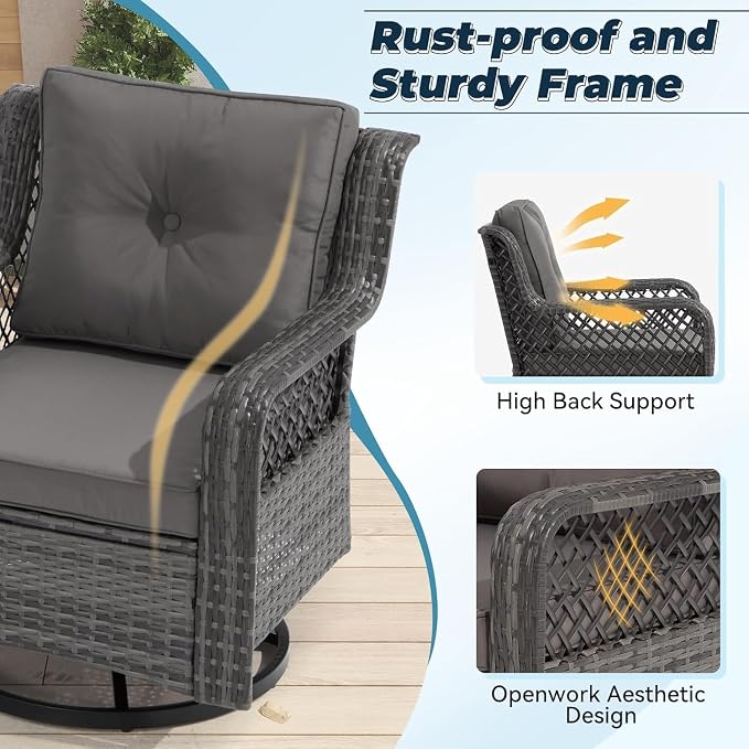 3 Pieces Patio Swivel Chairs, Wicker Patio Conversation Sets with Rocking Chair, Side Table for Outdoor Garden Porch Backyard(Light Grey)