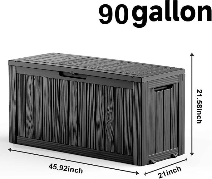 Large Outdoor Storage Box Waterproof, UV Resistant Resin Deck Box for Patio Furniture,Garden Tools,Cushions (Black, 90 Gallon)
