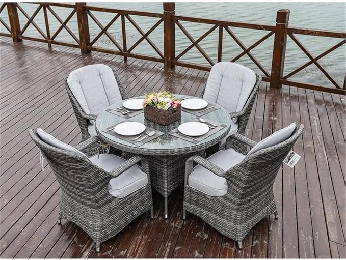 Pemberly Row 5-Piece Round Aluminum Rattan Outdoor Dining Set, Gray, Tempered Glass Table, All-Weather Wicker, Soft Cushioned Chairs, Modern Patio Furniture for Backyard or Garden