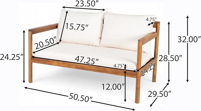 Christopher Knight Home Vorms 5-Piece Acacia Wood Patio Furniture Set with Rope Backrest, Patio Conversation Chat Set for Backyard Balcony, Outdoor 7-Seater Seating Group with Coffee Table, Teak+Cream