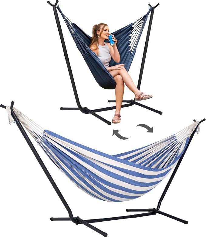 SUNCREAT 2-in-1 Convertible Free Standing Hammock with Stand Included, Camping Backyard Hammock with Stand, Patented, Blue & White Stripe