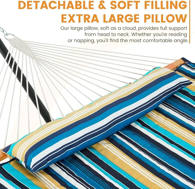 Lazy Daze Hammocks 2 Person Pad with Pillow, Double Polyester Quilted 78" x55" Replacement Hammock Pad for Rope Hammock, Blue Stripes