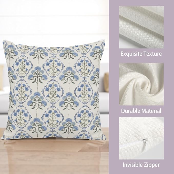 Floral Pillow Covers Spring Summer Farmhouse Throw Pillow Covers 16x16 Set of 2 Vintage Blue Green Boho Flower Pillow Cases Rustic Hydrangea Cushion Case for Home Couch Decor
